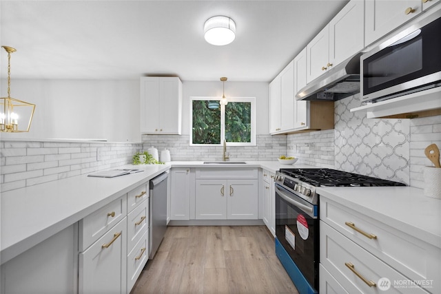 824 SW 301st Pl, Federal Way, WA 98023 - kitchen featuring stainless steel appliances, under cabinet range hood, light wood finished floors, white cabinetry, and light countertops
