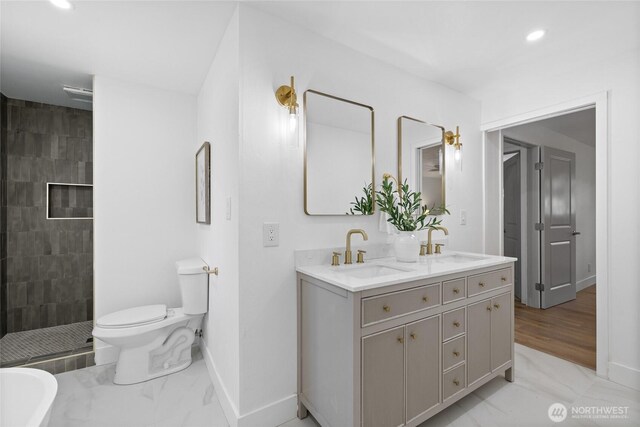 824 SW 301st Pl, Federal Way, WA 98023 - full bath with double vanity, recessed lighting, and a tile shower