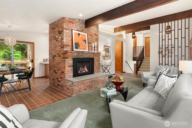 14460 NE 16th Pl, Bellevue, WA 98007 - tiled living area with stairway, a fireplace, recessed lighting, and beam ceiling