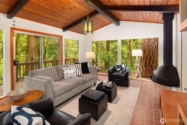 14460 NE 16th Pl, Bellevue, WA 98007 - living room with wooden ceiling and a wood stove