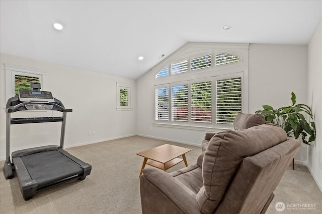 8132 NE 117th Pl, Kirkland, WA 98034 - workout room featuring carpet floors, vaulted ceiling, and recessed lighting