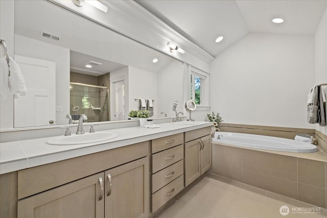 8132 NE 117th Pl, Kirkland, WA 98034 - full bath with double vanity, a stall shower, a bath, tile patterned floors, and lofted ceiling
