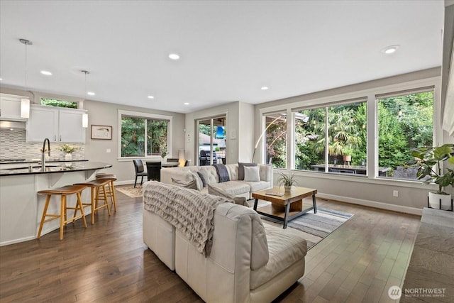 8132 NE 117th Pl, Kirkland, WA 98034 - living room featuring dark wood finished floors and recessed lighting