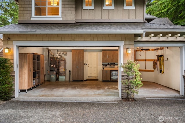 10801 SE 28th St, Bellevue, WA 98004 - doorway to property featuring roof with shingles, a garage, strapped water heater, and board and batten siding