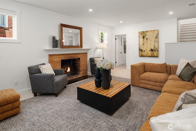 4886 24th Ave S, Seattle, WA 98108 - living room with carpet, a fireplace, and recessed lighting
