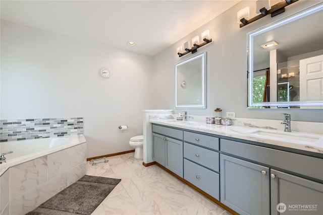 3205 179th Pl SE, Bothell, WA 98012 - bathroom featuring double vanity, marble finish flooring, a garden tub, and tiled shower