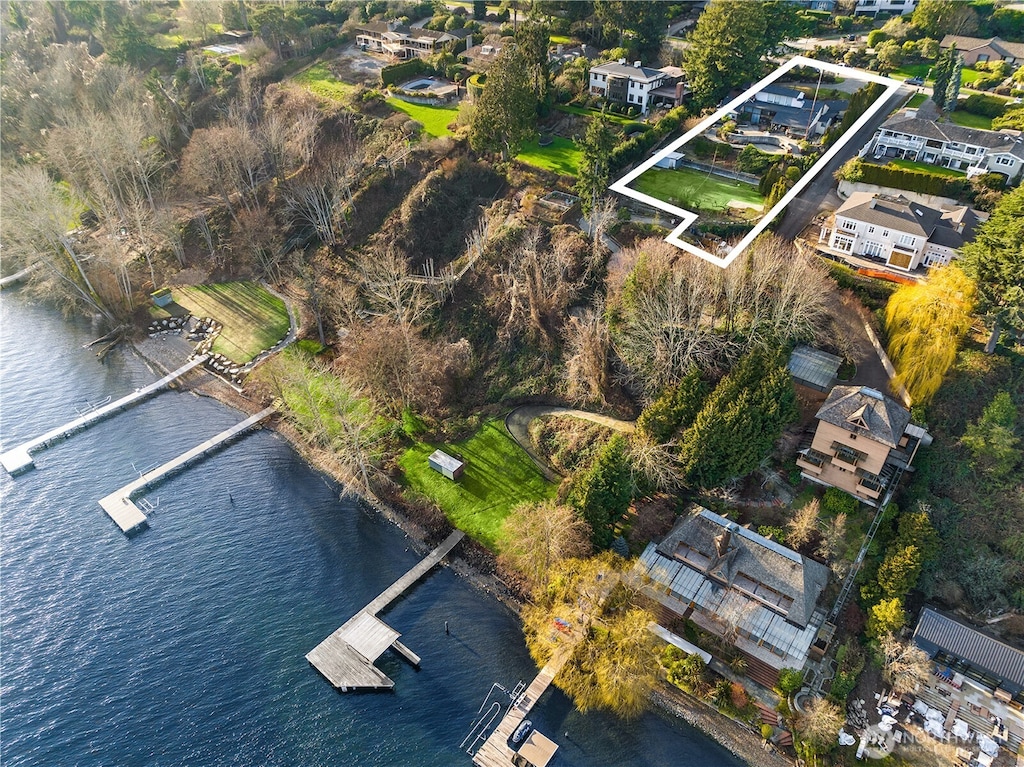 6405 NE Windermere Rd, Seattle, WA 98105 - aerial view of property and surrounding area featuring property boundaries highlighted and a large body of water