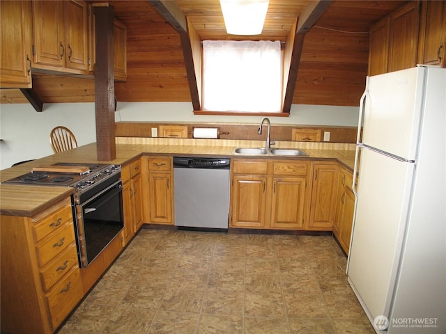 33610 J Pl, Ocean Park, WA 98640 - kitchen with stainless steel appliances, stone finish floors, and wooden ceiling