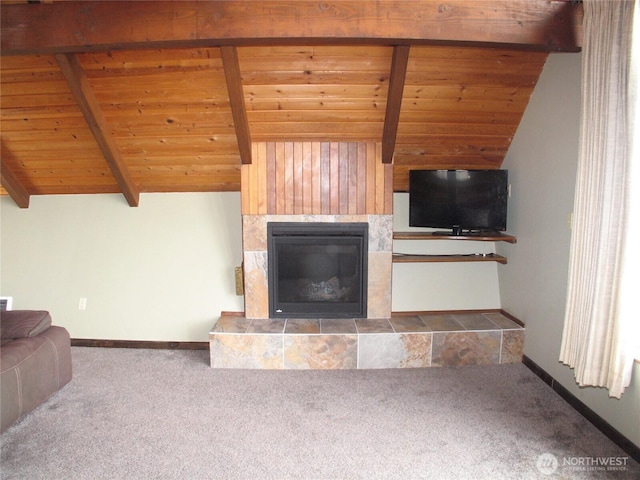 33610 J Pl, Ocean Park, WA 98640 - living area featuring carpet floors, wood ceiling, and a tiled fireplace