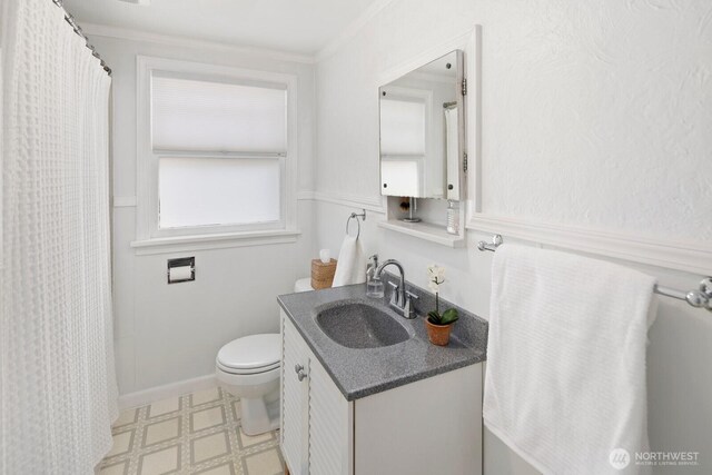 4106 SW Kenyon St, Seattle, WA 98136 - full bath with vanity, tile patterned floors, ornamental molding, and curtained shower