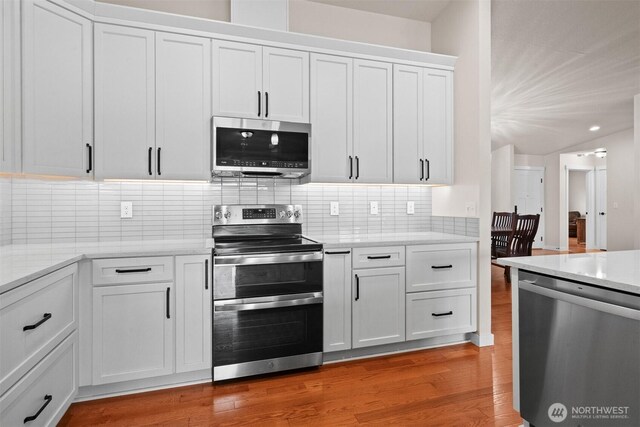 17133 123rd Ct SE, Yelm, WA 98597 - kitchen featuring stainless steel appliances, light wood-type flooring, white cabinetry, decorative backsplash, and light stone countertops