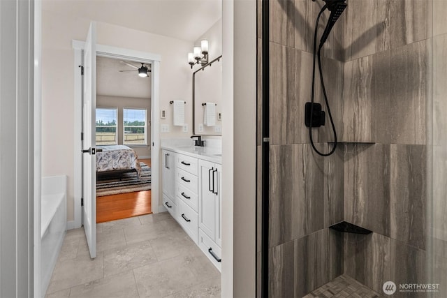 17133 123rd Ct SE, Yelm, WA 98597 - bathroom with walk in shower, vanity, ceiling fan, and ensuite bath