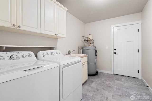 17133 123rd Ct SE, Yelm, WA 98597 - laundry area featuring secured water heater, separate washer and dryer, cabinet space, and stone finish floors