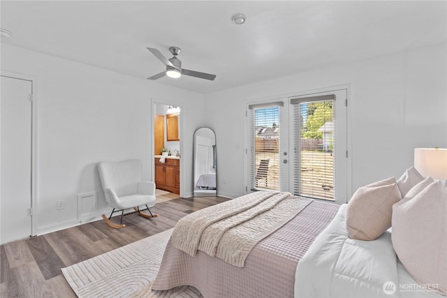 3914 N Gove St, Tacoma, WA 98407 - bedroom featuring access to outside, wood finished floors, ensuite bathroom, and ceiling fan