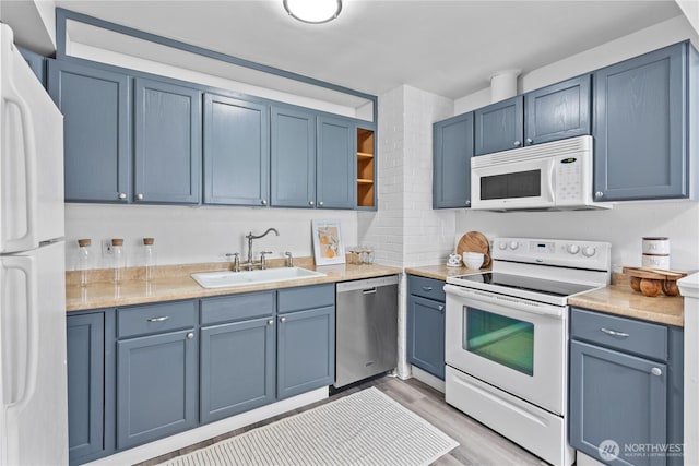 3914 N Gove St, Tacoma, WA 98407 - kitchen featuring white appliances, blue cabinetry, open shelves, and light countertops