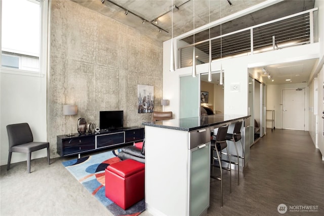 500 Mercer St Unit R325, Seattle, WA 98109 - living room with a towering ceiling, rail lighting, and wood finished floors
