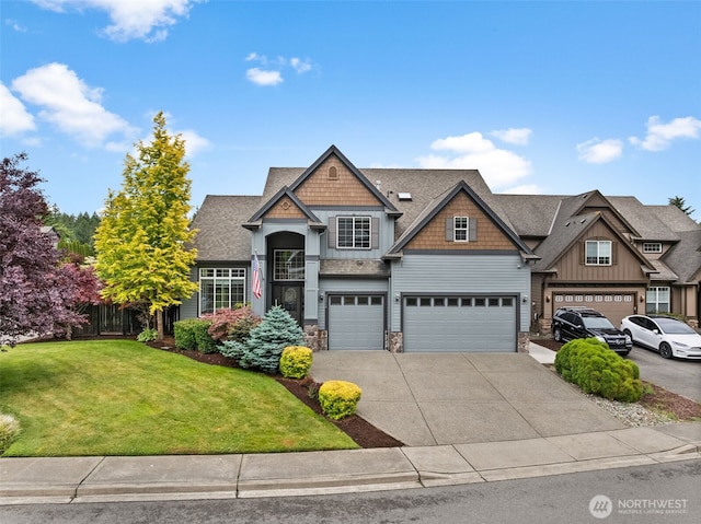 32216 Bruckners Way, Black Diamond, WA 98010 - craftsman inspired home with stone siding, concrete driveway, a garage, a front lawn, and board and batten siding