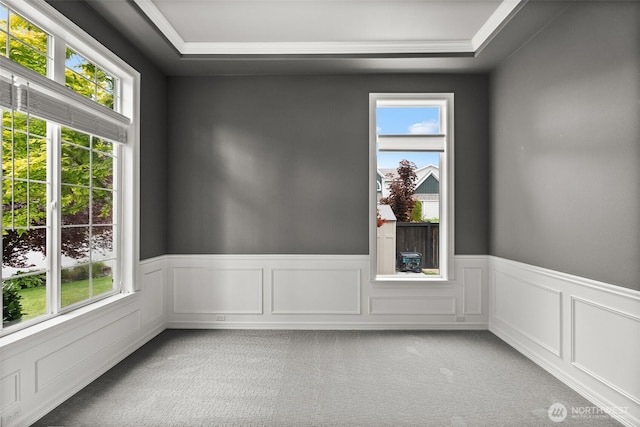 32216 Bruckners Way, Black Diamond, WA 98010 - carpeted empty room with healthy amount of natural light, a wainscoted wall, and crown molding
