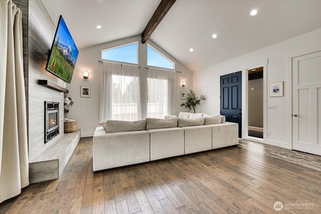 5109S 364th St, Auburn, WA 98001 - living room with wood-type flooring, a large fireplace, and recessed lighting
