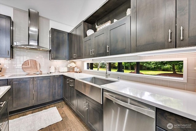 5109S 364th St, Auburn, WA 98001 - kitchen with dishwasher, wall chimney range hood, light wood-type flooring, open shelves, and tasteful backsplash