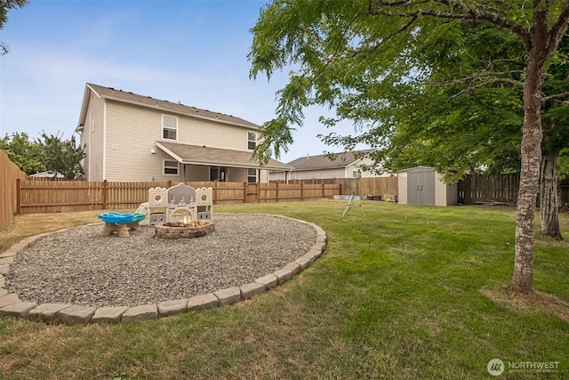 1105 Nunnally Ave NW, Orting, WA 98360 - fenced backyard featuring a fire pit and a shed