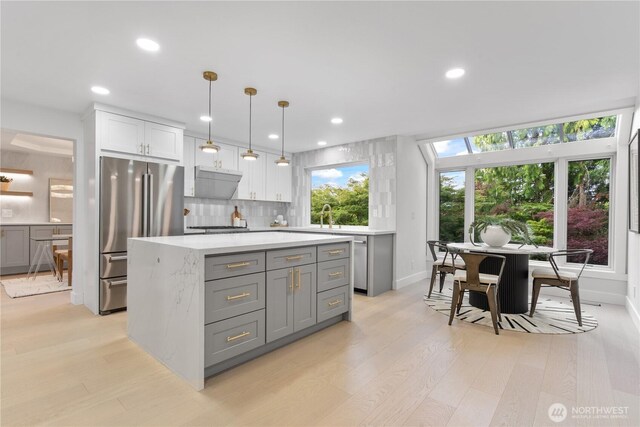 3696 169th Ave NE, Bellevue, WA 98008 - kitchen with appliances with stainless steel finishes, gray cabinets, light wood-style flooring, recessed lighting, and backsplash