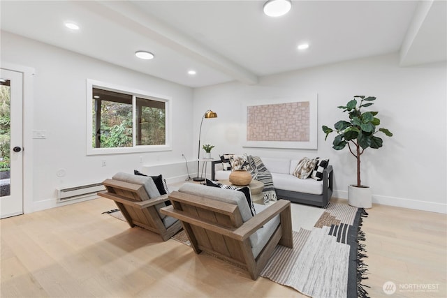 3696 169th Ave NE, Bellevue, WA 98008 - living area with a baseboard heating unit, light wood-style floors, beam ceiling, and recessed lighting