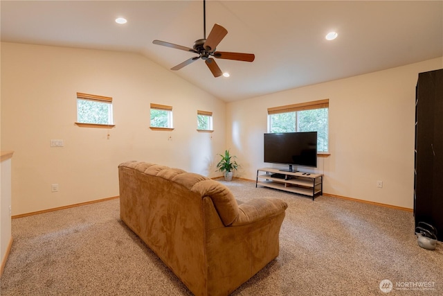 13858 Dogwood Ct, Sultan, WA 98294 - living area with ceiling fan, light colored carpet, vaulted ceiling, and recessed lighting