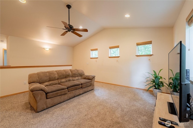 13858 Dogwood Ct, Sultan, WA 98294 - living room featuring carpet floors, a ceiling fan, vaulted ceiling, and recessed lighting