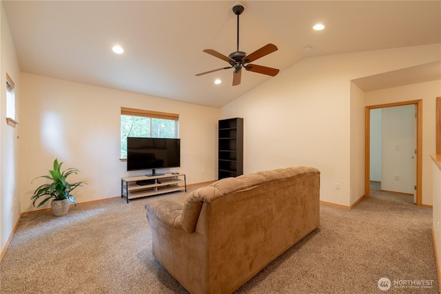 13858 Dogwood Ct, Sultan, WA 98294 - living room featuring light colored carpet, lofted ceiling, a ceiling fan, and recessed lighting