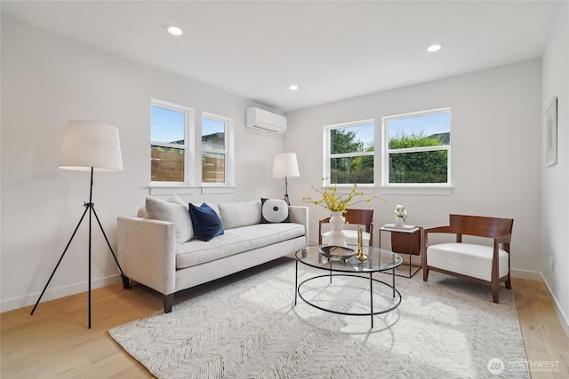 8227 Latona Ave NE, Seattle, WA 98115 - living room with wood finished floors, healthy amount of natural light, an AC wall unit, and recessed lighting