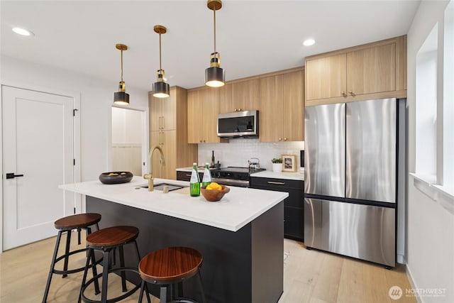 8227 Latona Ave NE, Seattle, WA 98115 - kitchen featuring stainless steel appliances, light countertops, backsplash, light wood finished floors, and recessed lighting