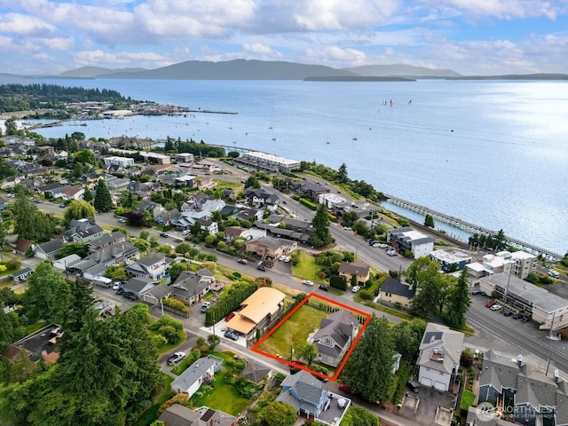 415 13th St, Bellingham, WA 98225 - aerial view of residential area featuring a water and mountain view and property boundaries highlighted