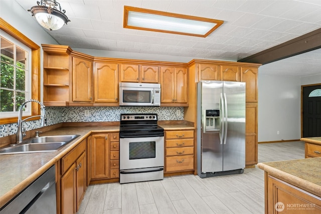 262 Falls Rd, Randle, WA 98377 - kitchen featuring appliances with stainless steel finishes, light wood-style flooring, brown cabinetry, open shelves, and backsplash