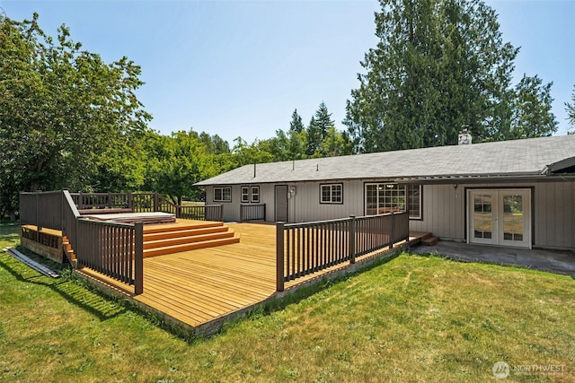 262 Falls Rd, Randle, WA 98377 - rear view of property featuring french doors, a wooden deck, a yard, and roof with shingles