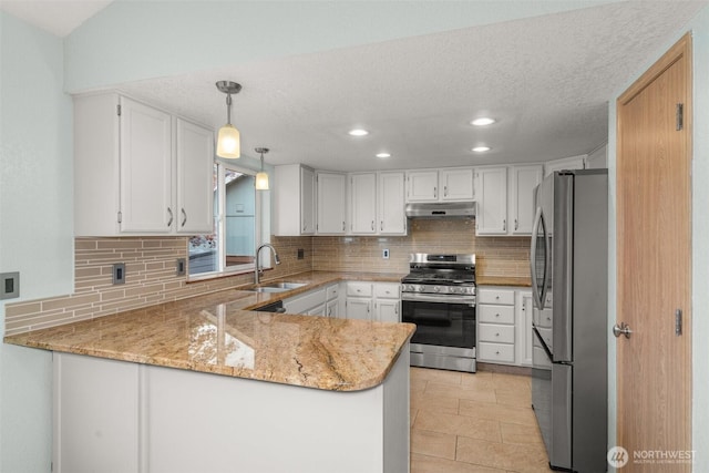 5411 Komachin Loop SE, Lacey, WA 98513 - kitchen featuring appliances with stainless steel finishes, under cabinet range hood, a peninsula, decorative backsplash, and light stone countertops