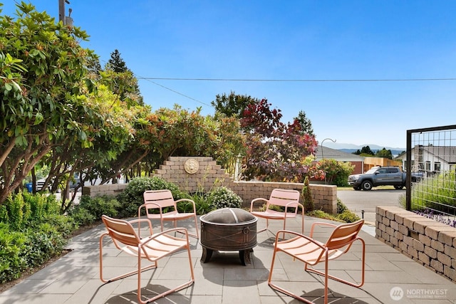 12238 9th Ave NW, Seattle, WA 98177 - view of patio with a fire pit and a mountain view