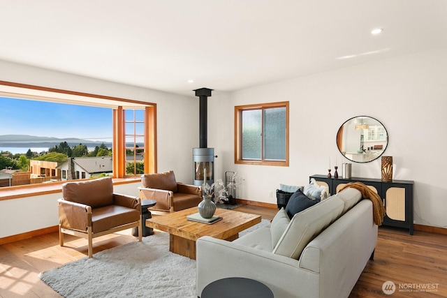 12238 9th Ave NW, Seattle, WA 98177 - living room with plenty of natural light, a wood stove, wood finished floors, and recessed lighting