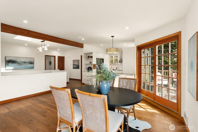 12238 9th Ave NW, Seattle, WA 98177 - dining room with recessed lighting, beamed ceiling, dark wood-style flooring, and a chandelier