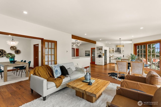 12238 9th Ave NW, Seattle, WA 98177 - living room featuring a chandelier, dark wood finished floors, and recessed lighting