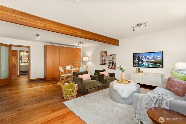 12238 9th Ave NW, Seattle, WA 98177 - living room featuring rail lighting, light wood-style flooring, and beamed ceiling