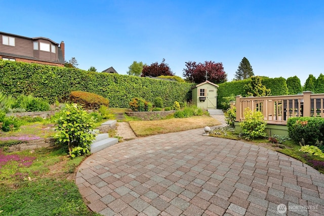 12238 9th Ave NW, Seattle, WA 98177 - view of patio / terrace featuring a storage shed and a deck