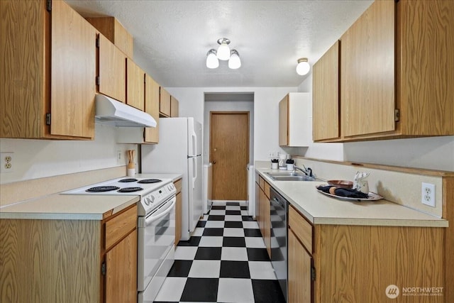 7634 Shilohwood Pl NW, Bremerton, WA 98311 - kitchen with under cabinet range hood, white appliances, dark floors, light countertops, and a textured ceiling