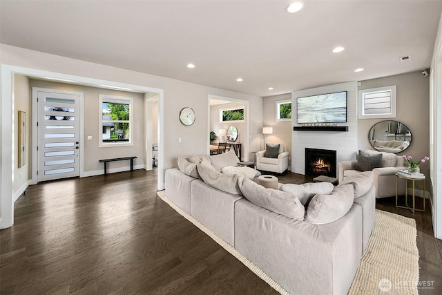 10702 39th Ave NE, Seattle, WA 98125 - living area featuring recessed lighting, a large fireplace, and dark wood finished floors