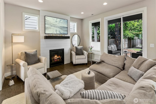 10702 39th Ave NE, Seattle, WA 98125 - living room featuring recessed lighting, dark wood-type flooring, and a fireplace