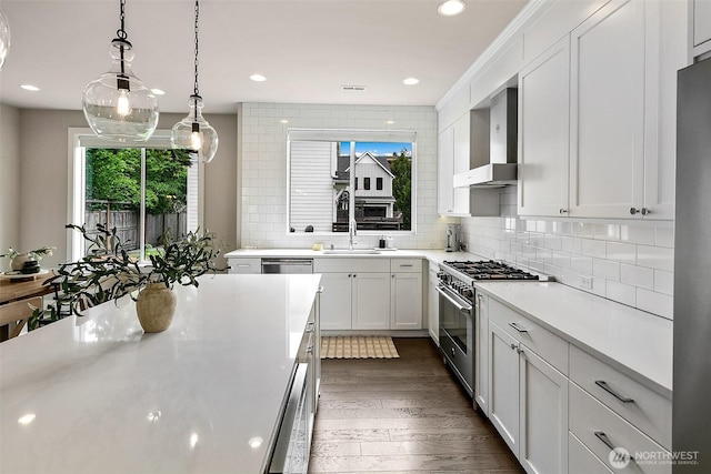 10702 39th Ave NE, Seattle, WA 98125 - kitchen with stainless steel appliances, wall chimney exhaust hood, healthy amount of natural light, light countertops, and recessed lighting