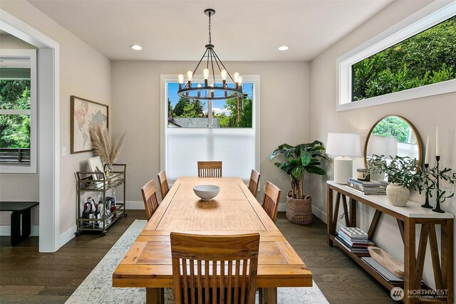 10702 39th Ave NE, Seattle, WA 98125 - dining area featuring a chandelier, dark wood-type flooring, and recessed lighting