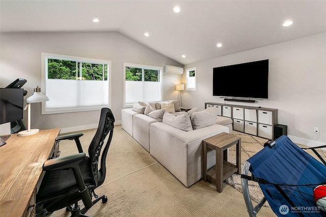 10702 39th Ave NE, Seattle, WA 98125 - living area featuring a wall unit AC, vaulted ceiling, light colored carpet, recessed lighting, and a desk