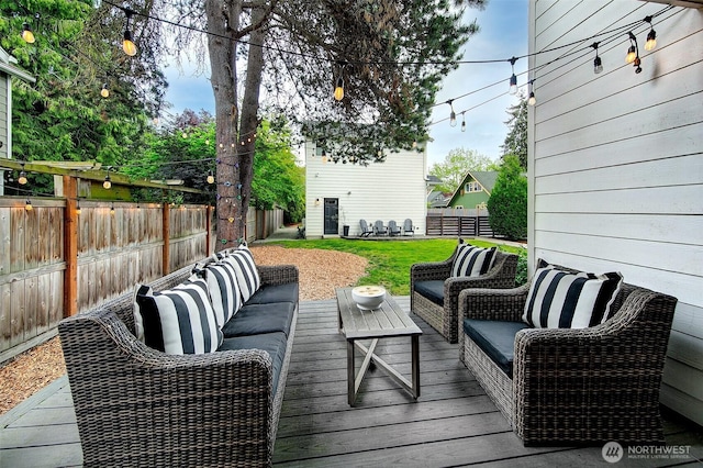 10702 39th Ave NE, Seattle, WA 98125 - deck with an outdoor hangout area and a fenced backyard