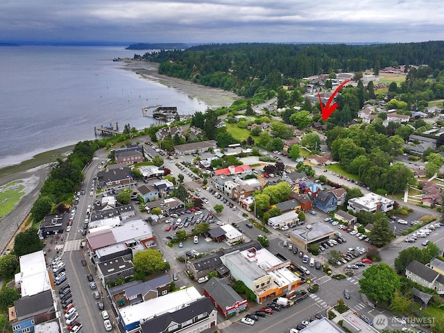 121 4th St, Langley, WA 98260 - aerial view of property's location with a nearby body of water and a heavily wooded area